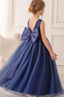 Branco A Line Sleeveless Bowknot Flor Menina Vestido Com Pérolas