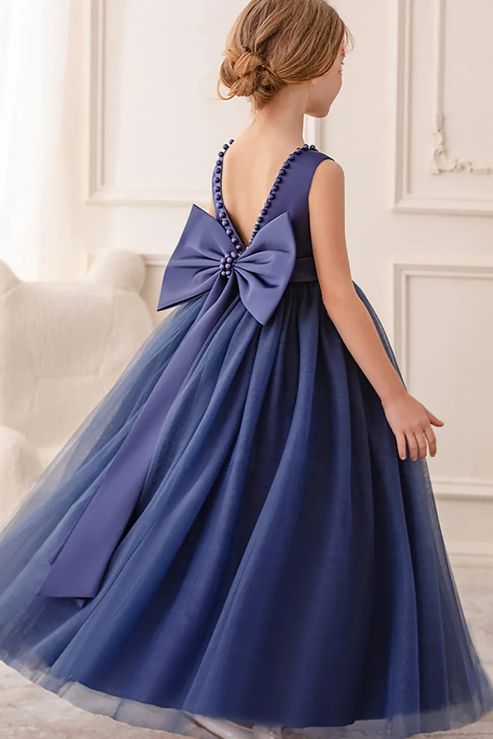 Branco A Line Sleeveless Bowknot Flor Menina Vestido Com Pérolas