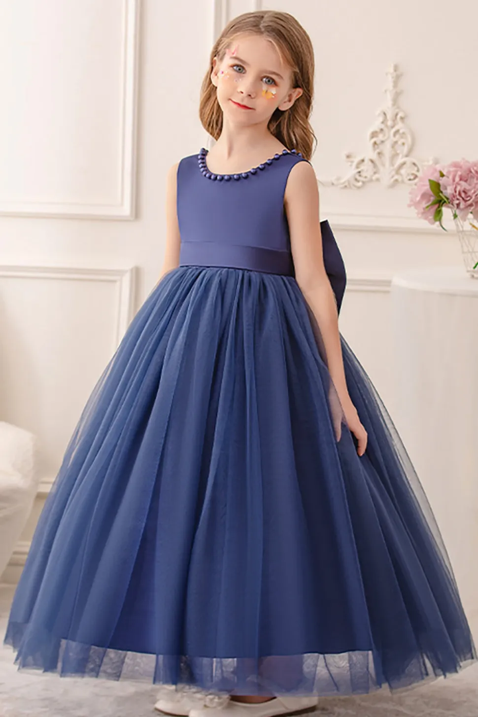 Branco A Line Sleeveless Bowknot Flor Menina Vestido Com Pérolas