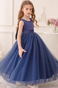 Branco A Line Sleeveless Bowknot Flor Menina Vestido Com Pérolas
