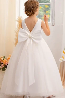 Branco A Line Sleeveless Bowknot Flor Menina Vestido Com Pérolas