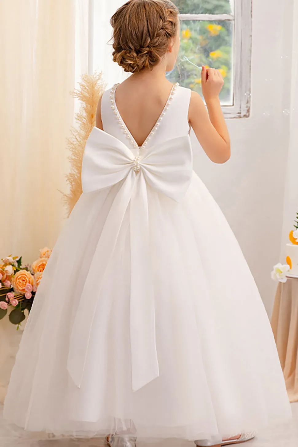 Branco A Line Sleeveless Bowknot Flor Menina Vestido Com Pérolas