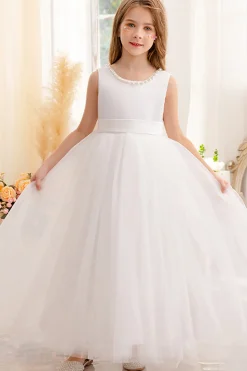 Branco A Line Sleeveless Bowknot Flor Menina Vestido Com Pérolas