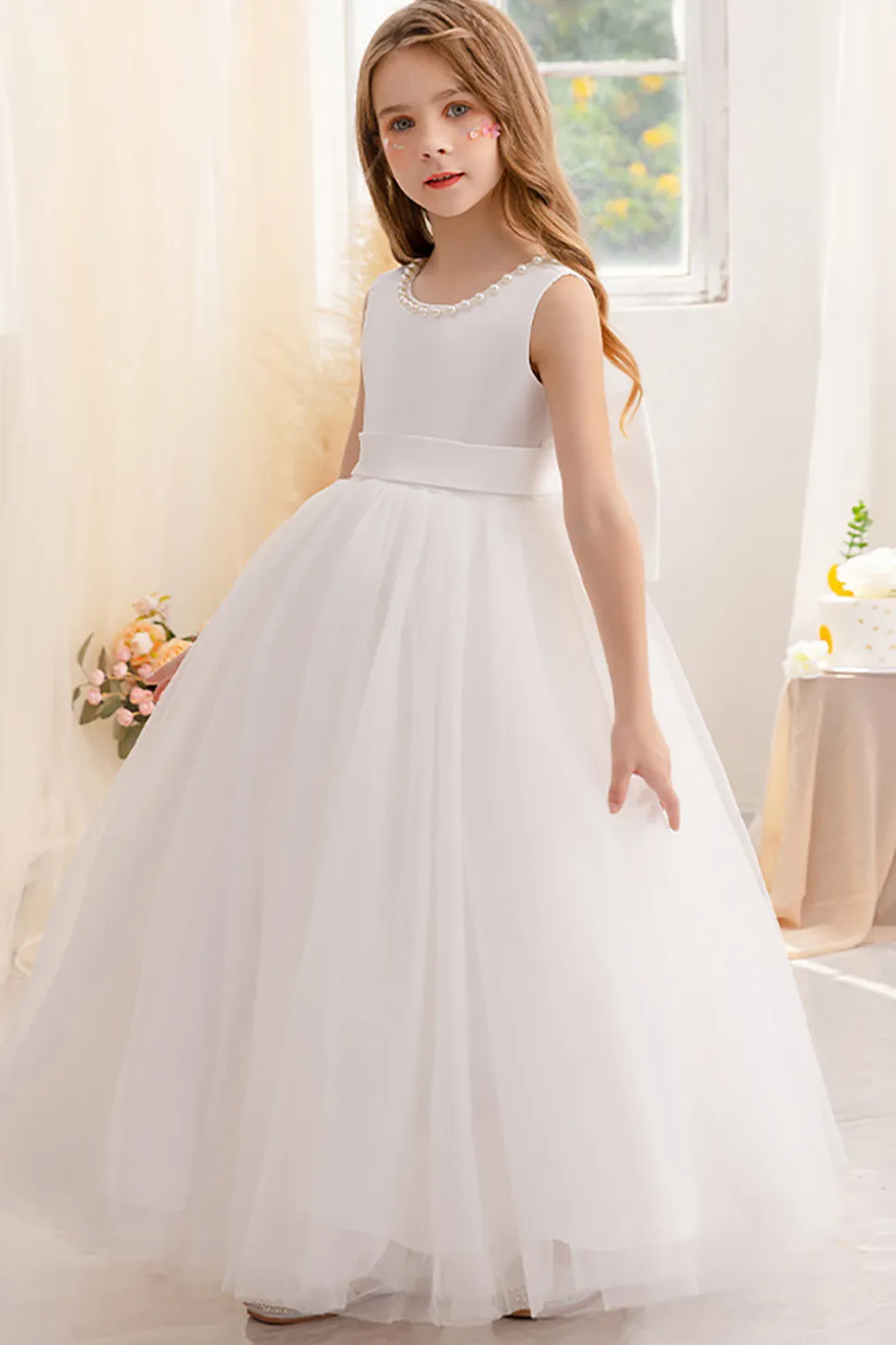 Branco A Line Sleeveless Bowknot Flor Menina Vestido Com Pérolas