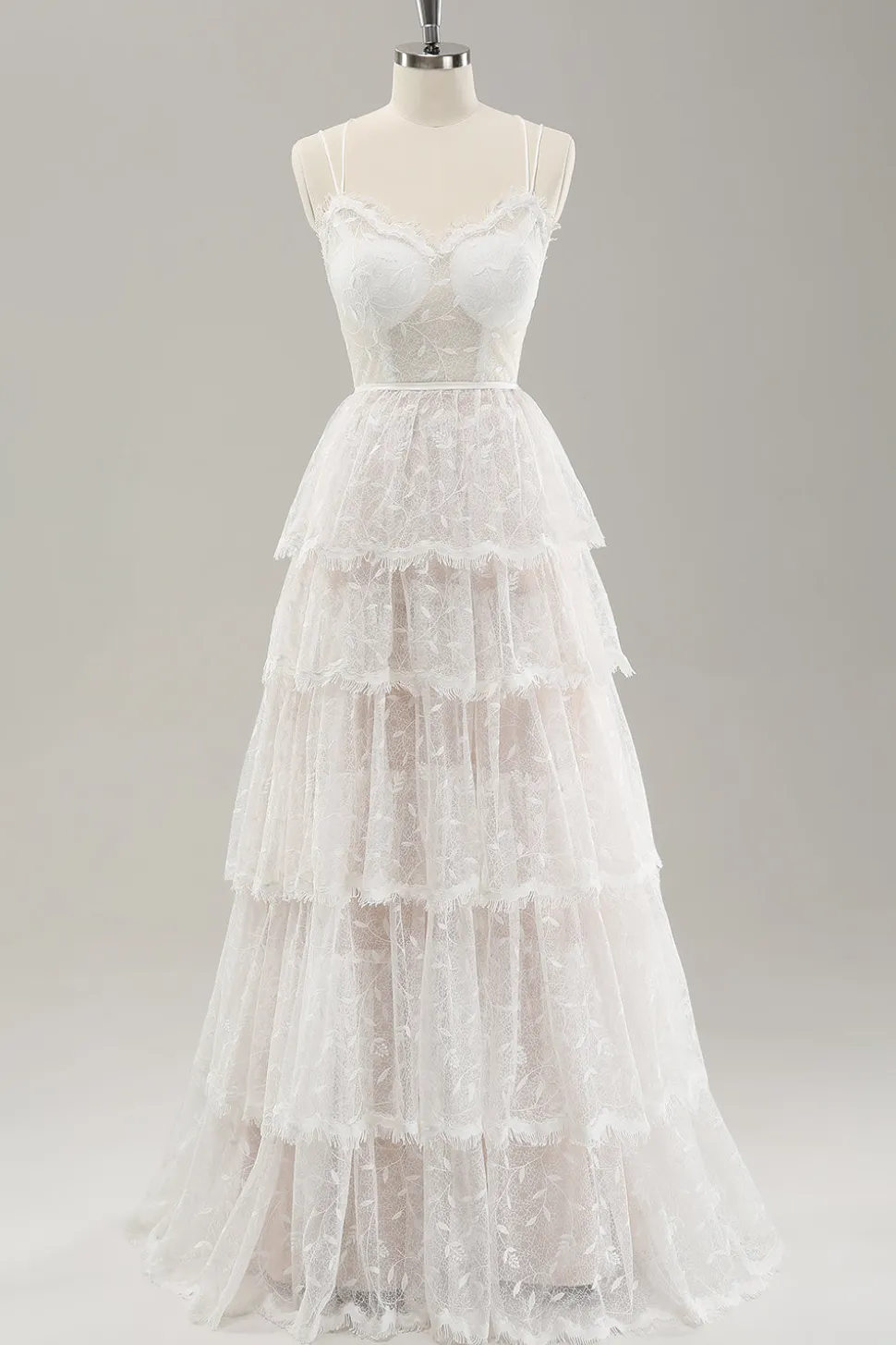 Branco A Line Spaghetti Straps Tiered Lace Vestido de Noiva com Renda Up Back