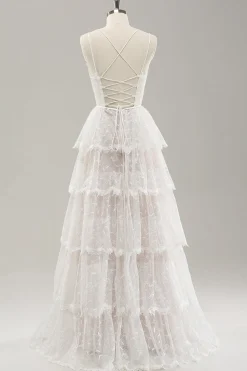 Branco A Line Spaghetti Straps Tiered Lace Vestido de Noiva com Renda Up Back