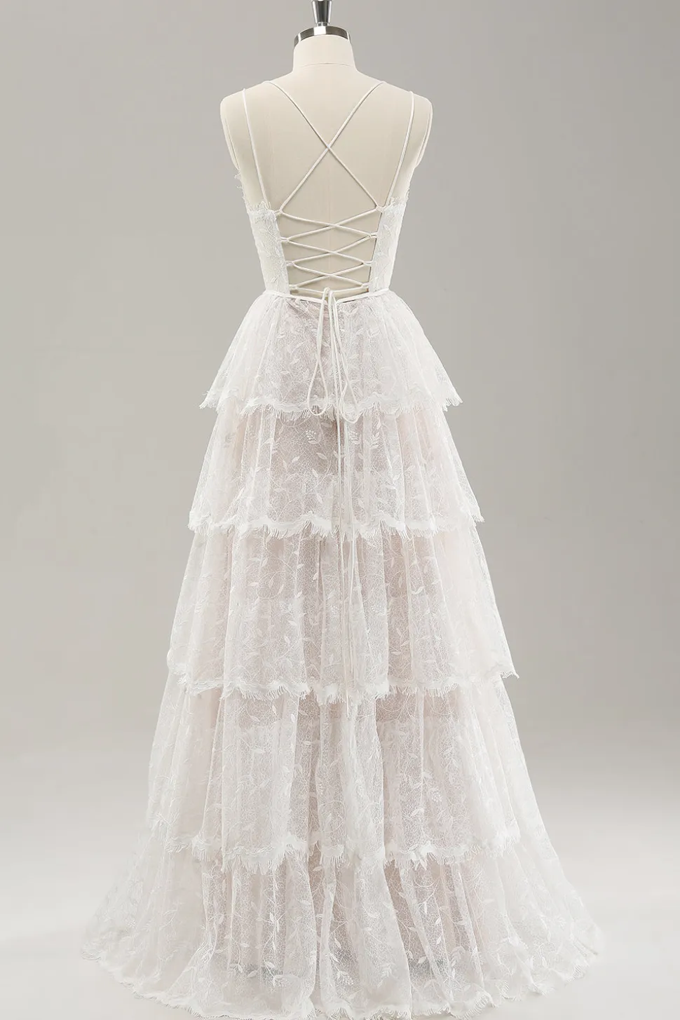 Branco A Line Spaghetti Straps Tiered Lace Vestido de Noiva com Renda Up Back