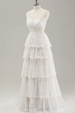 Branco A Line Spaghetti Straps Tiered Lace Vestido de Noiva com Renda Up Back