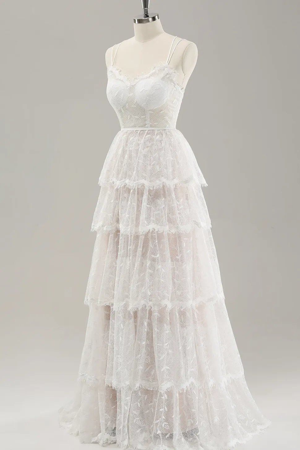 Branco A Line Spaghetti Straps Tiered Lace Vestido de Noiva com Renda Up Back