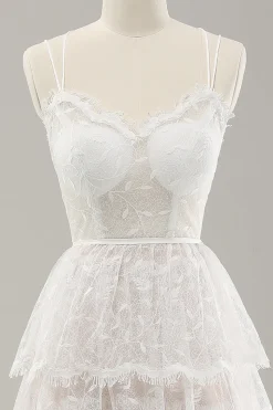Branco A Line Spaghetti Straps Tiered Lace Vestido de Noiva com Renda Up Back