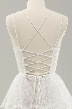 Branco A Line Spaghetti Straps Tiered Lace Vestido de Noiva com Renda Up Back