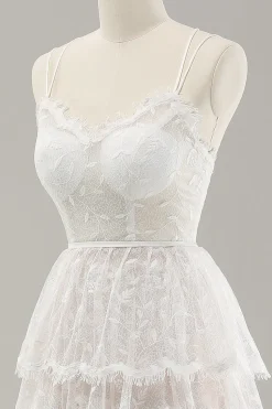 Branco A Line Spaghetti Straps Tiered Lace Vestido de Noiva com Renda Up Back