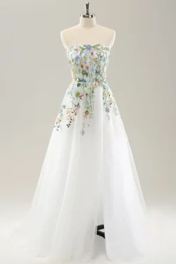 Branco A Line Strapless 3D Flores Tule Vestido de Noiva com Fenda