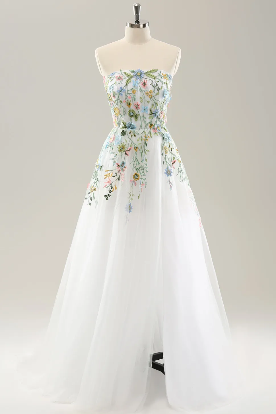 Branco A Line Strapless 3D Flores Tule Vestido de Noiva com Fenda