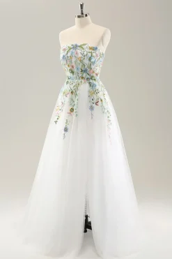 Branco A Line Strapless 3D Flores Tule Vestido de Noiva com Fenda