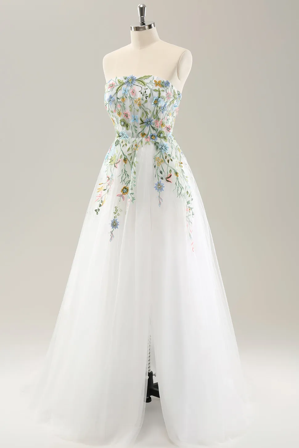 Branco A Line Strapless 3D Flores Tule Vestido de Noiva com Fenda