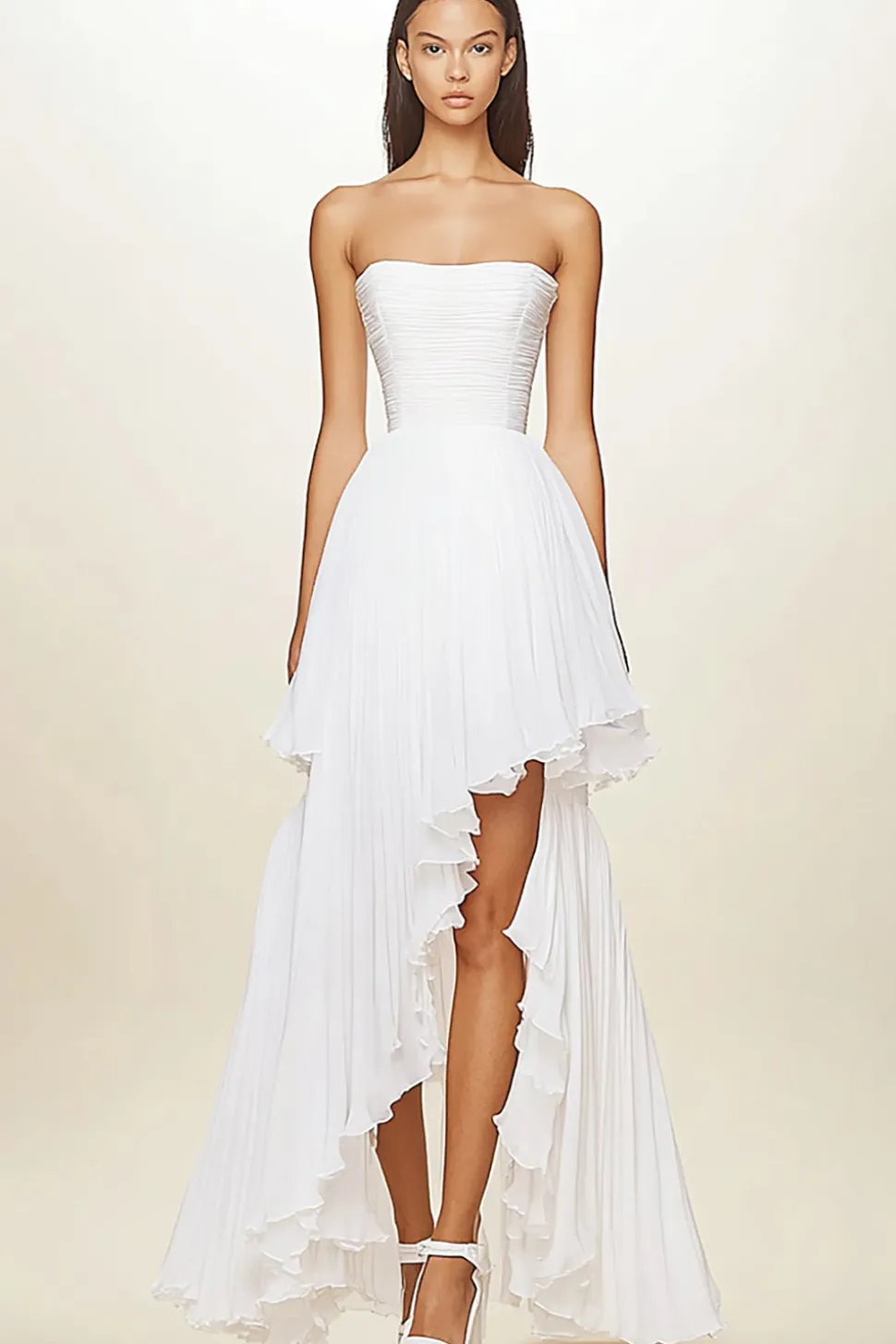 Branco A Line Strapless Ruffles Vestido de Graduação