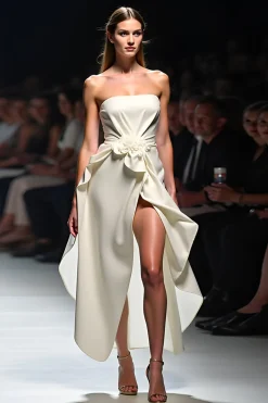 Branco A Line Strapless Ruched Gala Dress wirh 3D Flor