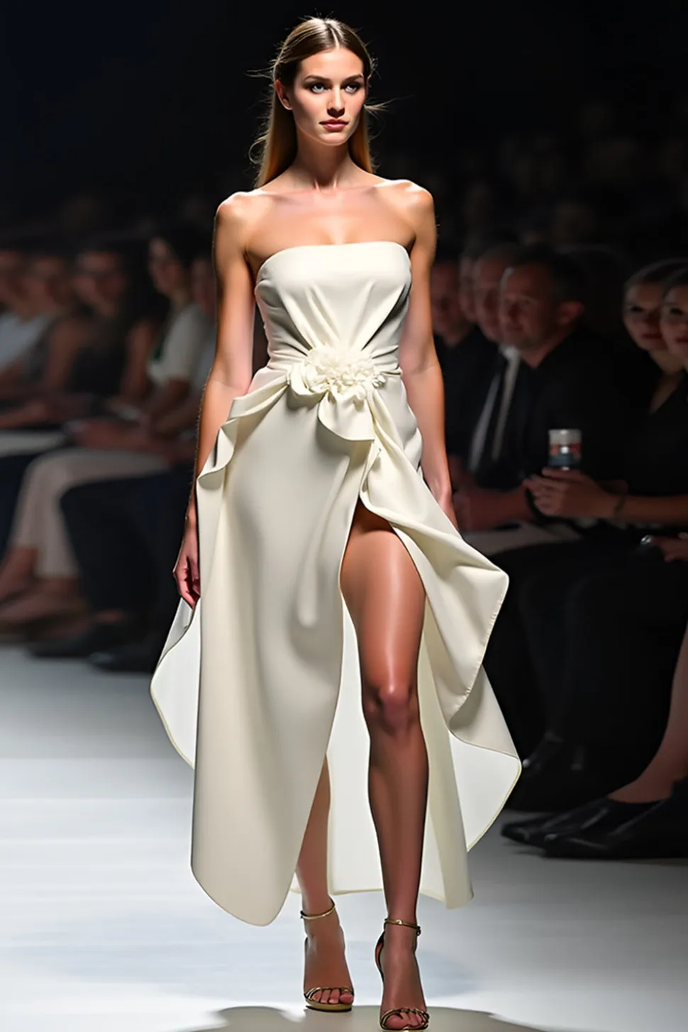 Branco A Line Strapless Ruched Gala Dress wirh 3D Flor