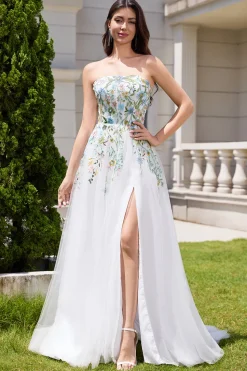 Branco A Line Strapless Tulle Long Slit Vestido de Noiva com Flores 3D