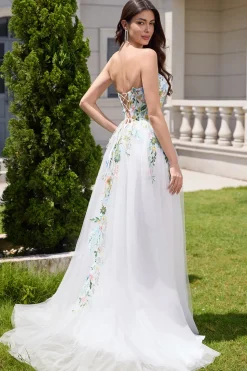 Branco A Line Strapless Tulle Long Slit Vestido de Noiva com Flores 3D