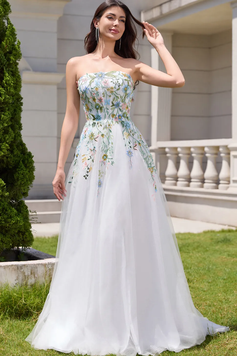 Branco A Line Strapless Tulle Long Slit Vestido de Noiva com Flores 3D