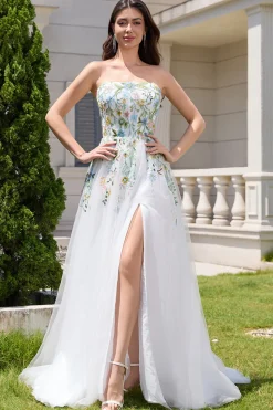 Branco A Line Strapless Tulle Long Slit Vestido de Noiva com Flores 3D