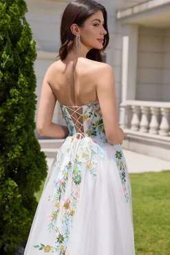 Branco A Line Strapless Tulle Long Slit Vestido de Noiva com Flores 3D