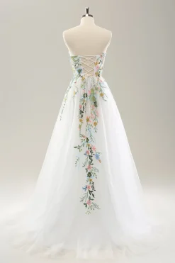 Branco A Line Strapless Tulle Long Slit Vestido de Noiva com Flores 3D
