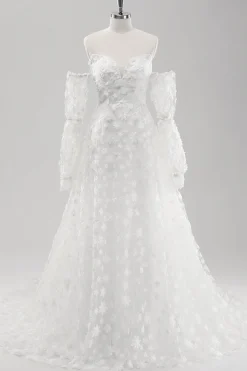 Branco A Line Sweetheart Applique Vestido de Noiva de Renda com Mangas Destacáveis