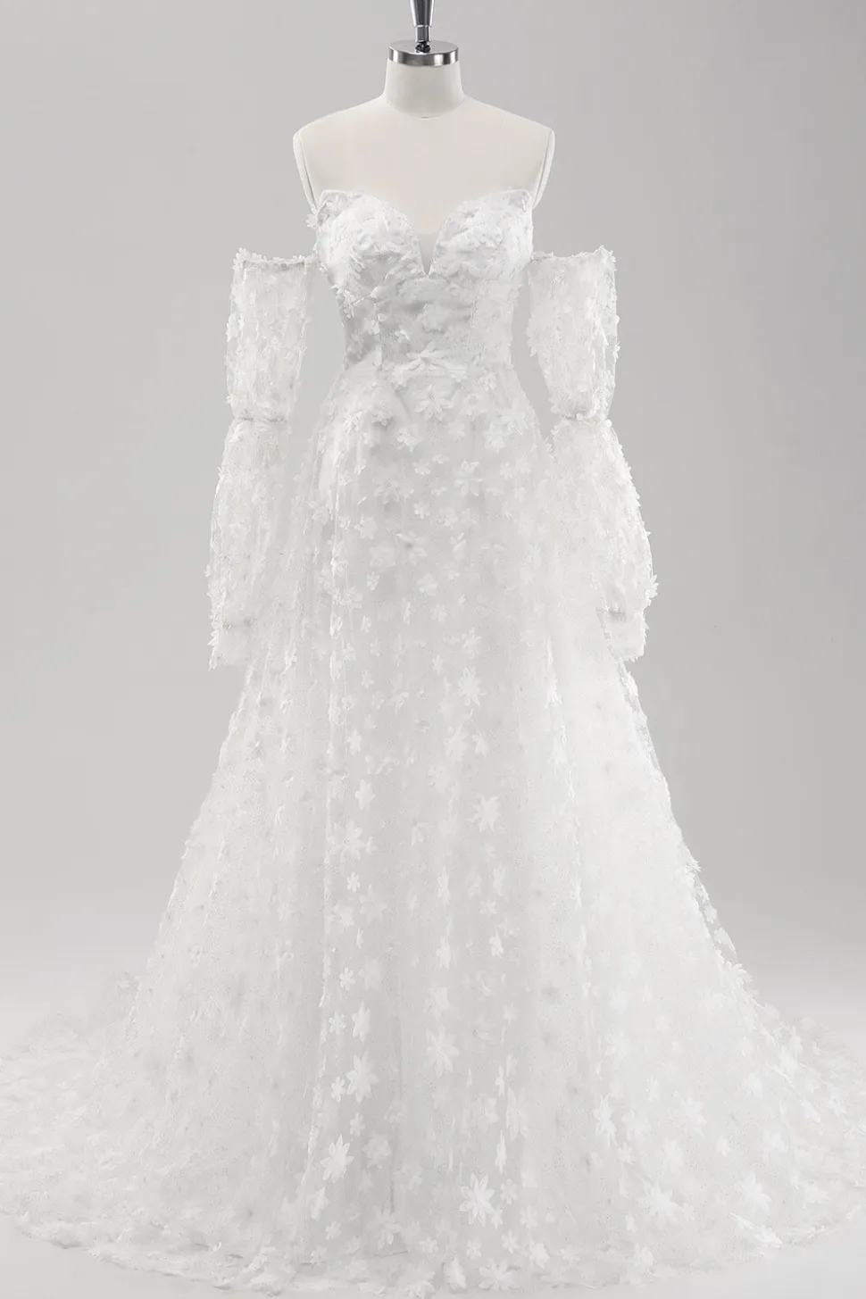 Branco A Line Sweetheart Applique Vestido de Noiva de Renda com Mangas Destacáveis