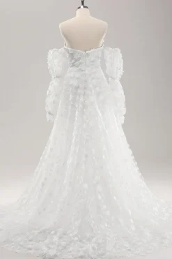 Branco A Line Sweetheart Applique Vestido de Noiva de Renda com Mangas Destacáveis