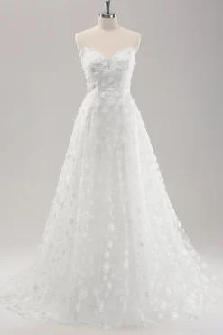 Branco A Line Sweetheart Applique Vestido de Noiva de Renda com Mangas Destacáveis