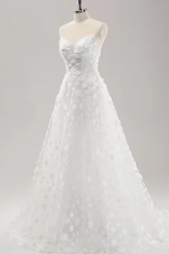 Branco A Line Sweetheart Applique Vestido de Noiva de Renda com Mangas Destacáveis