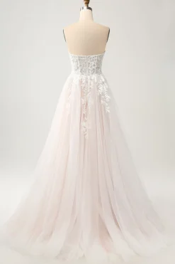 Branco A Line Sweetheart Sparkly Vestido de Noiva com Applique Lace