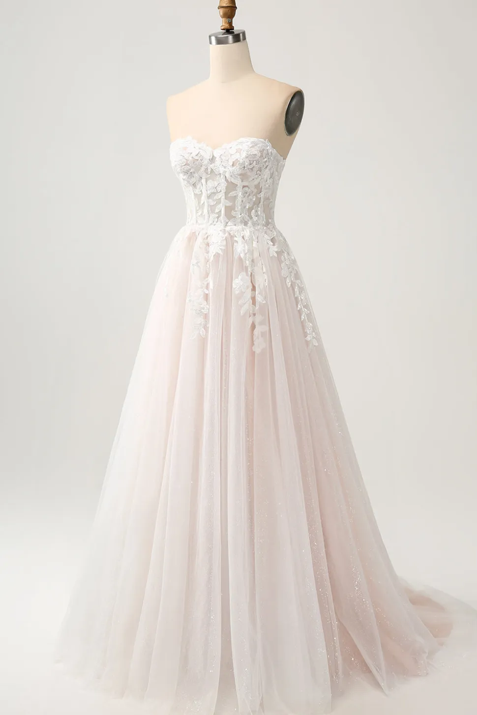 Branco A Line Sweetheart Sparkly Vestido de Noiva com Applique Lace