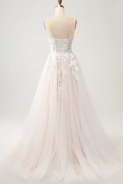 Branco A Line Sweetheart Sparkly Vestido de Noiva com Applique Lace