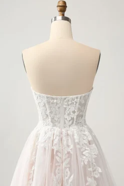 Branco A Line Sweetheart Sparkly Vestido de Noiva com Applique Lace