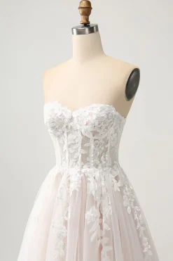 Branco A Line Sweetheart Sparkly Vestido de Noiva com Applique Lace