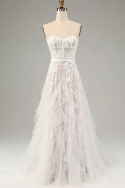 Branco A Line Sweetheart Sweep Train Corset Vestido de Noiva com Applique Lace