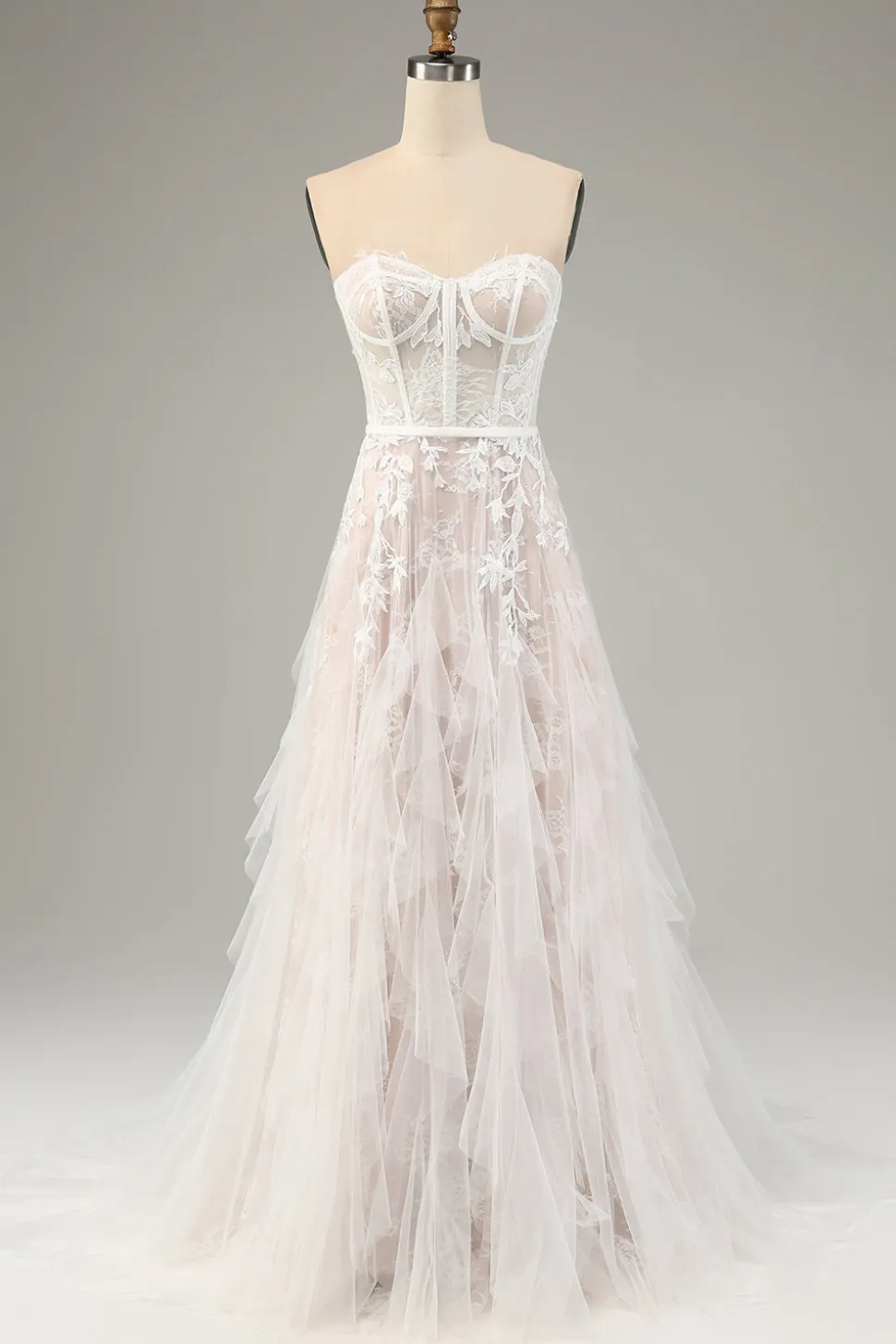 Branco A Line Sweetheart Sweep Train Corset Vestido de Noiva com Applique Lace