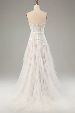 Branco A Line Sweetheart Sweep Train Corset Vestido de Noiva com Applique Lace