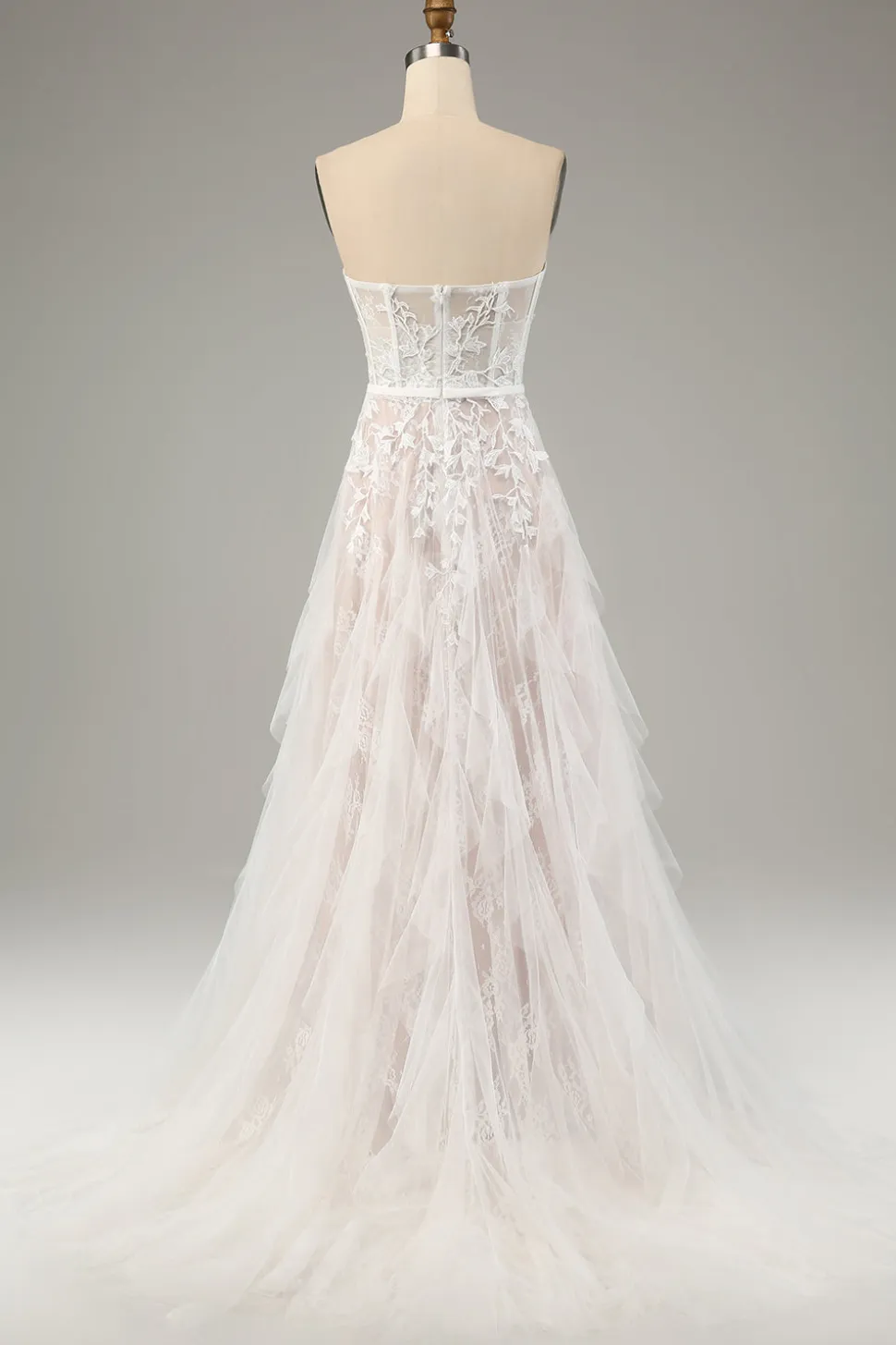 Branco A Line Sweetheart Sweep Train Corset Vestido de Noiva com Applique Lace
