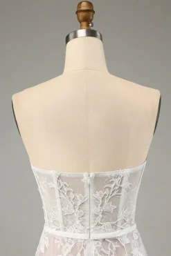 Branco A Line Sweetheart Sweep Train Corset Vestido de Noiva com Applique Lace
