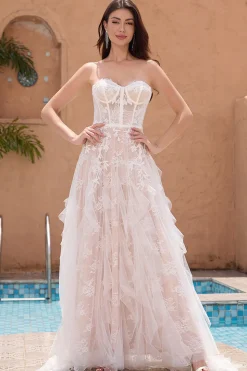 Branco A Line Sweetheart Sweep Train Corset Ruffle Vestido de Noiva com Applique Lace