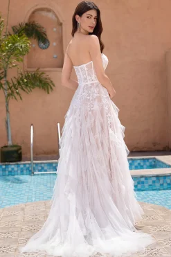 Branco A Line Sweetheart Sweep Train Corset Ruffle Vestido de Noiva com Applique Lace