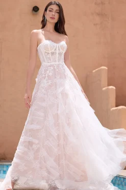 Branco A Line Sweetheart Sweep Train Corset Ruffle Vestido de Noiva com Applique Lace