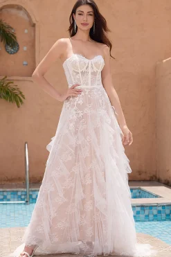 Branco A Line Sweetheart Sweep Train Corset Ruffle Vestido de Noiva com Applique Lace