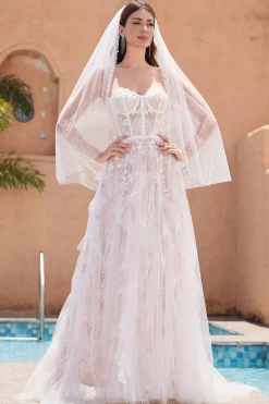 Branco A Line Sweetheart Sweep Train Corset Ruffle Vestido de Noiva com Applique Lace