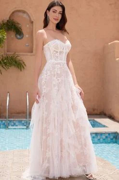 Branco A Line Sweetheart Sweep Train Corset Ruffle Vestido de Noiva com Applique Lace